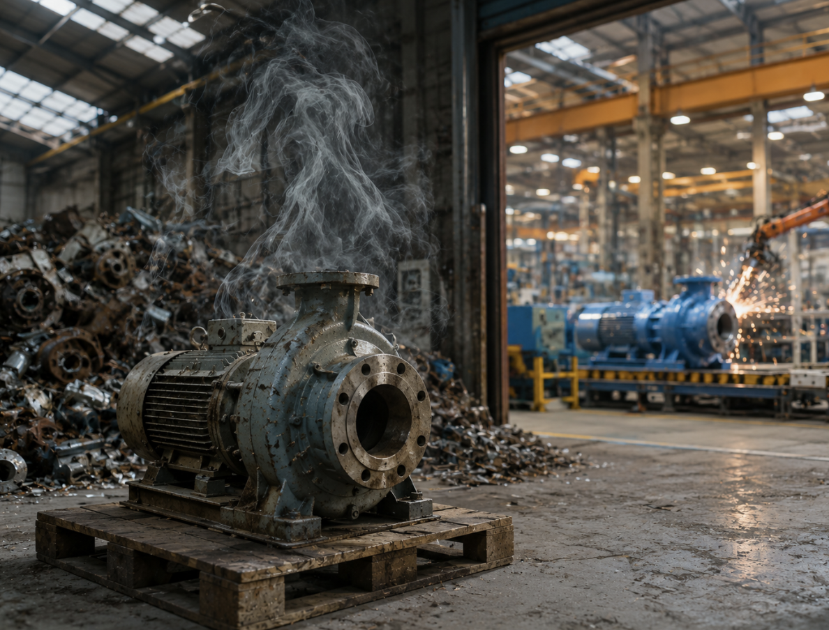 Used industrial pump awaiting scrap beside a factory producing new equipment, illustrating embodied carbon and emissions from replacement manufacturing